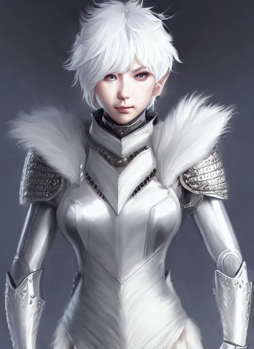 Image similar to fur - lined armor!!! beautiful and elegant white haired female!! gorgeous ayes!! character concept art, sharp focus, octane render! unreal engine 5! highly rendered!! trending on artstation!! detailed linework!! illustration by artgerm, wlop and chie yoshii