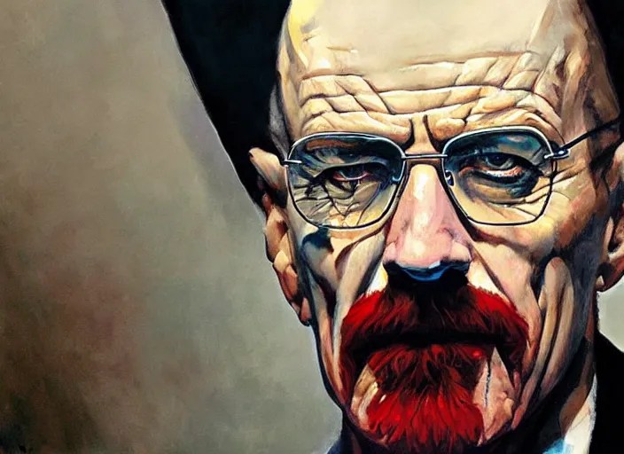 Image similar to a highly detailed beautiful portrait of walter white as the joker, by gregory manchess, james gurney, james jean