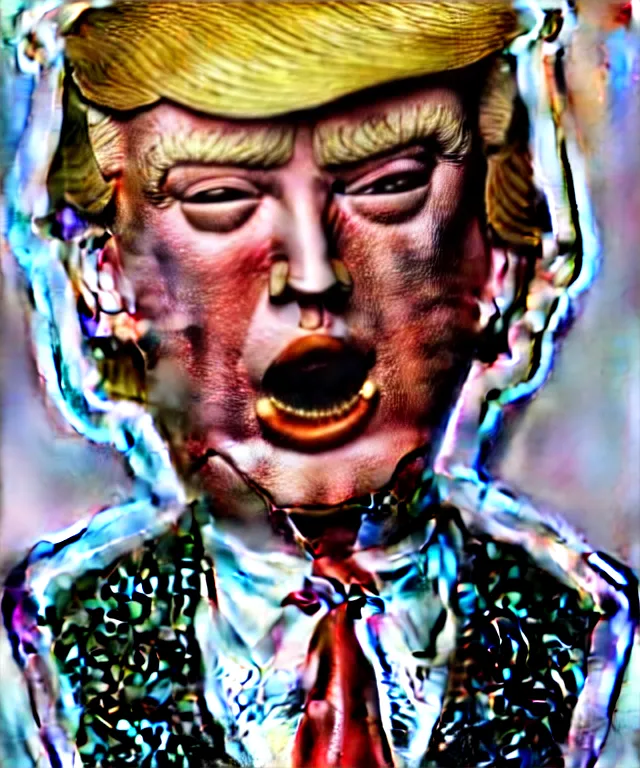 Image similar to hyperrealistic mixed media painting of Donald Trump as the doll from 'Saw', stunning 3d render inspired art by P. Craig Russell and Barry Windsor-Smith + perfect facial symmetry + dim volumetric lighting, ornate gothic armor, head and shoulders, d&d, arms crossed, serious expression, 8k octane beautifully detailed render, post-processing, extremely hyperdetailed, intricate, epic composition, grim yet sparkling atmosphere, cinematic lighting + masterpiece, trending on artstation, very very detailed, masterpiece, stunning