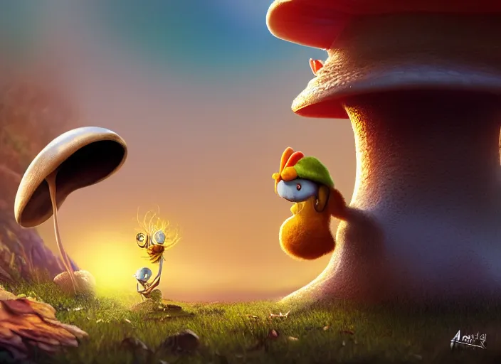 Image similar to a cute dr seuss creature sitting next to a mushroom, golden hour, fantasy, sharp focus, digital art, hyper realistic, 4 k, unreal engine, highly detailed, hd, dramatic lighting by brom, trending on artstation