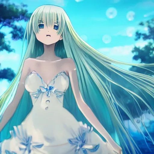 Image similar to a very beautiful anime girl wearing a dress made of water standing in a crystal lake in a futuristic emerald city, full body, long white hair with azure blue highlights blending into the dress , azure blue watery eyes, full round face, seductive over the shoulder glances , lens flare, cinematic lighting, medium shot, mid-shot, reflective surfaces, water droplets, caustic lighting , highly realistically detailed, trending on artstation, Unreal Engine 4k, Stanley Artgerm Lau, WLOP, Rossdraws, James Jean, Andrei Riabovitchev, Marc Simonetti, and Sakimichan