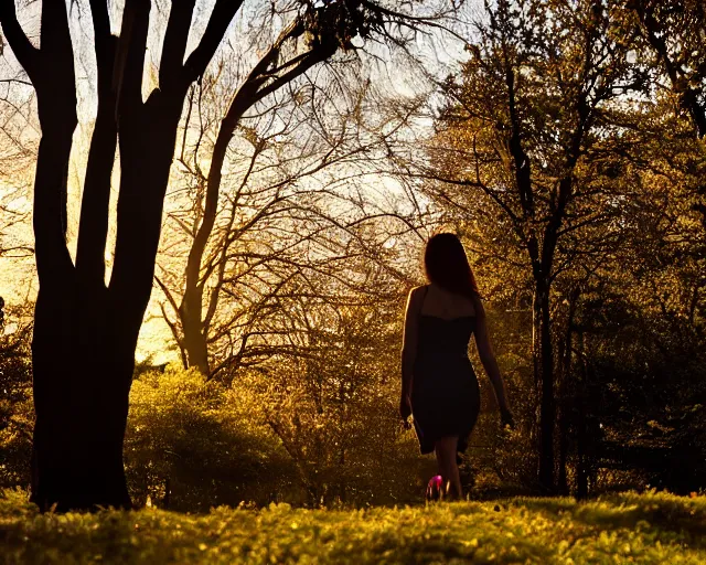 Prompt: a beautiful transgender woman walking through the park at golden hour, 7 0 mm zoom lens, atmospheric lighting