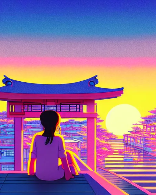 Image similar to detailed aesthetic vaporwave illustration of a girl sitting on the rooftop anime digital art award winning scenery cinematic scene sunset in japan by studio ghibli