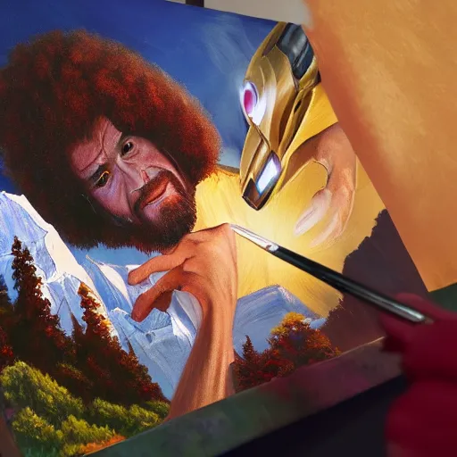 Image similar to a closeup photorealistic photograph of bob ross painting an image of iron man on a large canvas. mountains and trees. film still. brightly lit scene. this 4 k hd image is trending on artstation, featured on behance, well - rendered, extra crisp, features intricate detail, epic composition and the style of unreal engine.