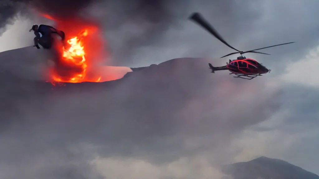 Image similar to person wearing a sponsored team jersey with logos jumping out of a helicopter with a surfboard into a volcano, action shot, dystopian, thick black smoke and fire, sharp focus