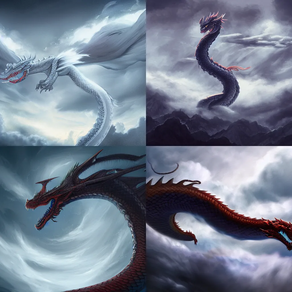 Prompt: Detailed digital art of a huge serpent dragon flying through the clouds. Mostly shrouded by fog and clouds. Glowing eyes and ferocious features. Featured on Artstation