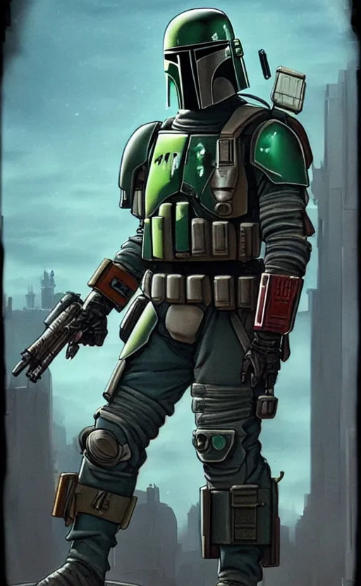 Image similar to cyberpunk mercenary inspired by boba fett in a scenic scifi environment