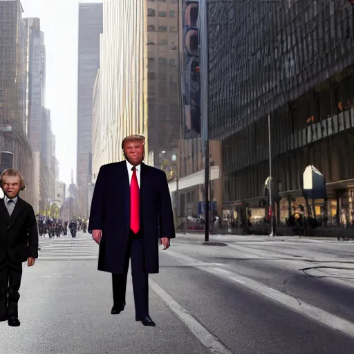 Prompt: Giant Donald Trump walking in city with small people photorealistic 4k detailed