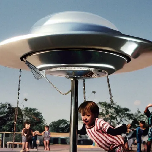 Prompt: a chromed flying saucer levitates in the middle of a playground, the children are playing all around. They look at it