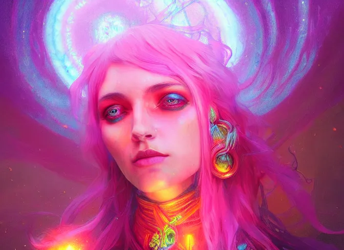 Prompt: A psychedelic portrait of k’tulah spring eladrin , vibrant color scheme, highly detailed, in the style of romanticism, cinematic, artstation, Moebius, Greg rutkowski