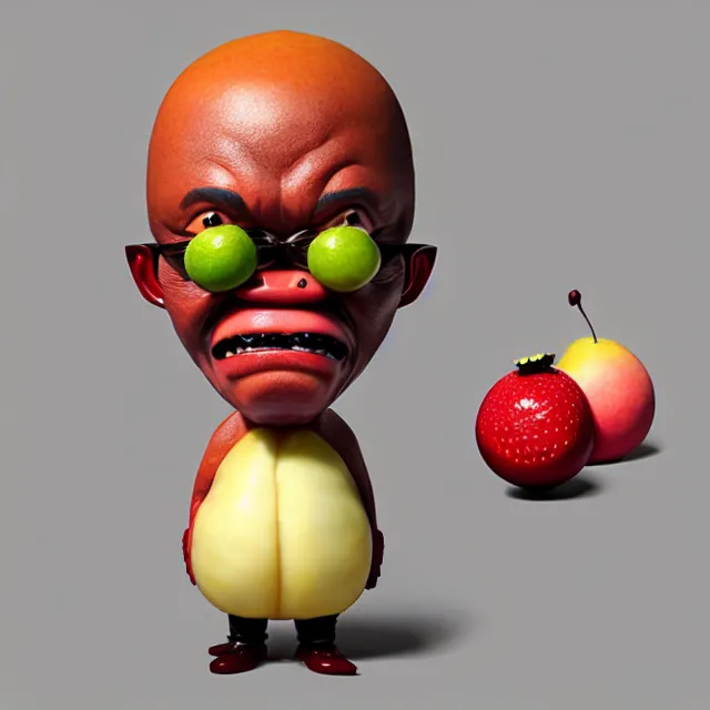 Image similar to bizarre cartoon fruit figurine that looks just like samuel l jackson as a fruit, by naoto hattori 8 k, fruit eyes, fruit world, beautiful intricate painting, hyper realistic, octane render