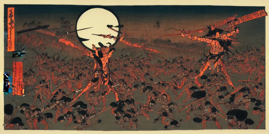 Image similar to an army of undead, at dusk, by Utagawa Kuniyoshi, dramatic lighting, high contrast colors, panoramic view, as trending on Artstation,