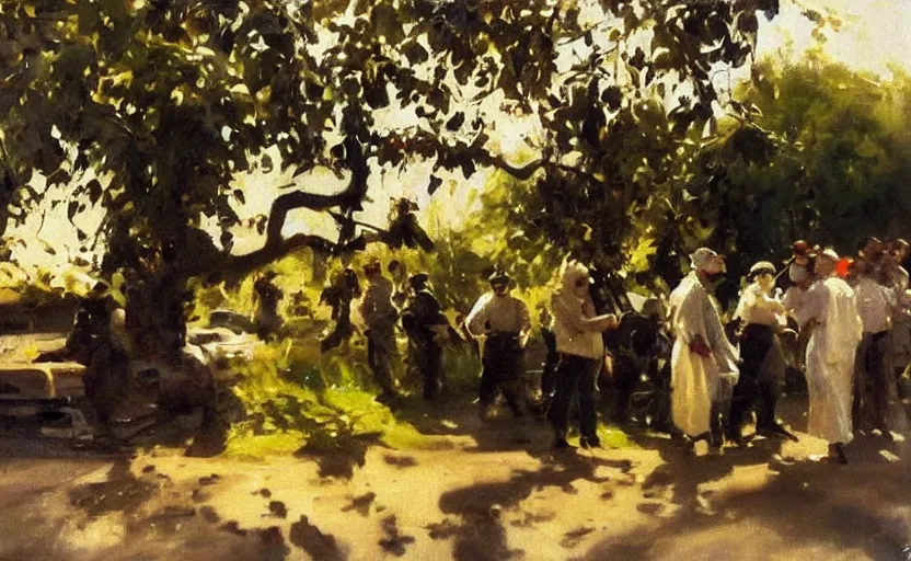 Prompt: oil painting lanscape by anders zorn, nature, fruit trees, very very very very beautiful art, dramatic light, police arrests, police violence, police in street with police cars