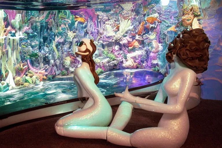 Image similar to robot mermaid sitting in cyber grotto made of porcelain, from 1986, bathed in the glow of a crt television, tv screens in background, low-light photograph, in style of terry richards