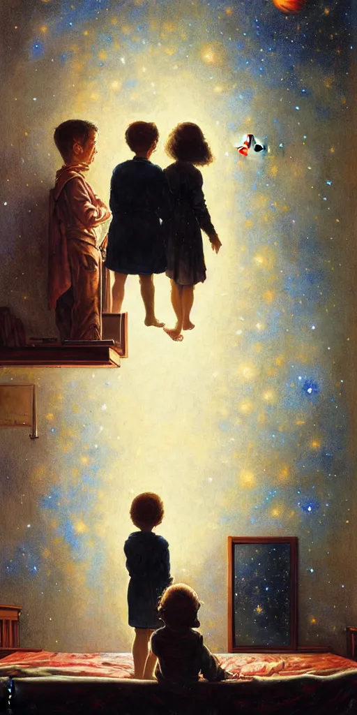 Image similar to one 5 year old boy and one 1 2 year old girl looking at the wall of their bedroom and seeing the universe full of galaxies and planets, imagination, part by norman rockwell, part by greg rutkowski, part by mattias adolfsson, high angle, ( ( ( ( volumetric lighting ) ) ) ), oil on canvas