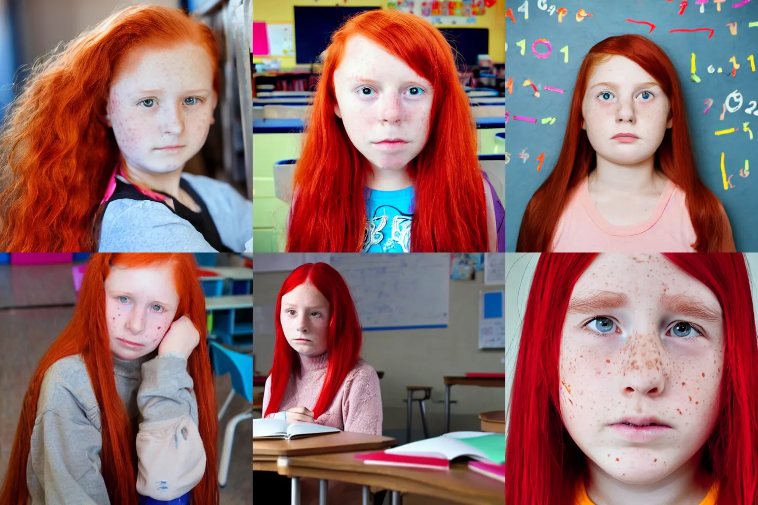 Prompt: A sad 10 year old girl in a classroom, red hair, freckles, stunning