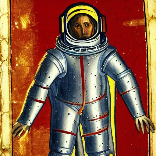 Prompt: Medieval painting of an astronaut. Dramatic. High resolution. Highly detailed. Art station. 8k