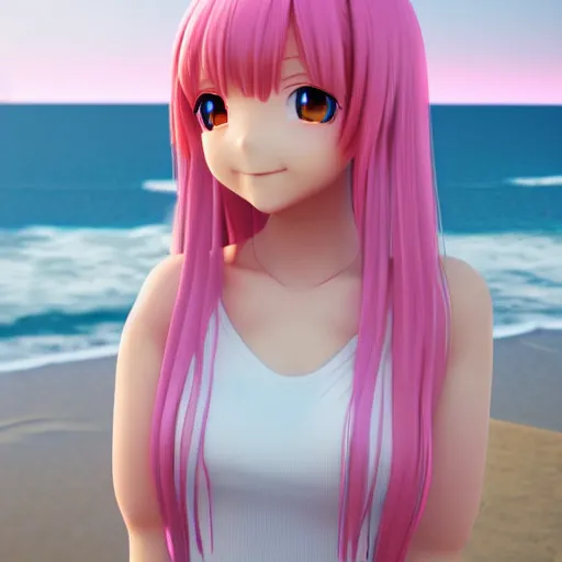 Image similar to Render of a cute 3d anime girl, long pink hair, full bangs, hazel eyes, cute freckles, soft smile, golden hour, beach setting, medium shot, mid-shot, trending on Artstation, Unreal Engine 4k