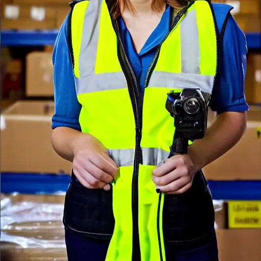 Image similar to photo, close up, emma watson in a hi vis vest, in amazon warehouse, portrait, point and shoot camera, backlit,