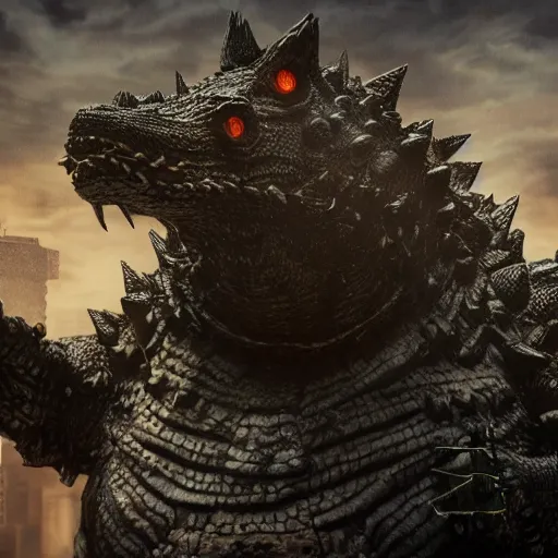 Prompt: Portrait of an angry steampunk Godzilla. 4K. Concept art. Unreal engine. Highly detailed.