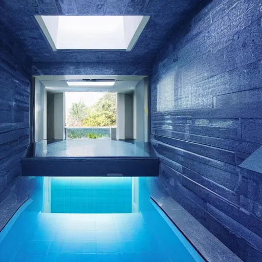 Prompt: a futuristic large room with walls and floor made of blue granite. There is a small swimming pool on the floor