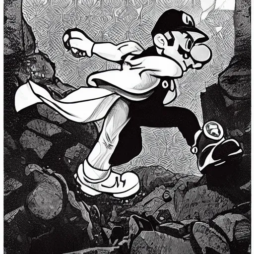Image similar to mario stomping on a goomba, line art black and white, art by artgerm and greg rutkowski and alphonse mucha