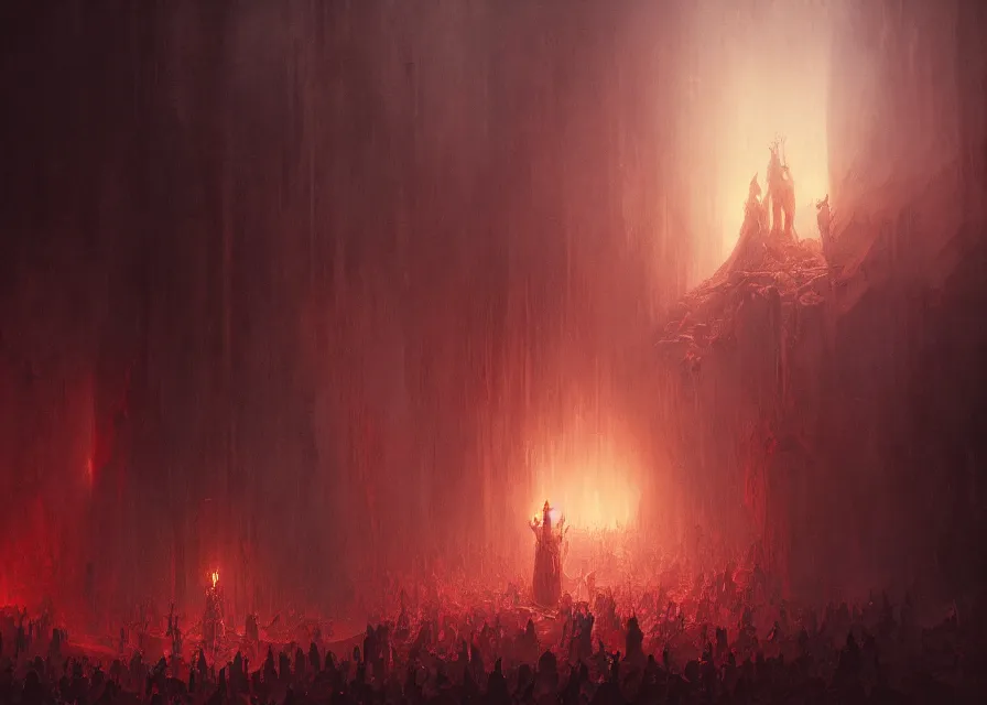 Image similar to People from cult worshipping demons, lit by the red abyss light, abandoned by gods, hyperdetailed artstation cgsociety by greg rutkowski and by Gustave Dore