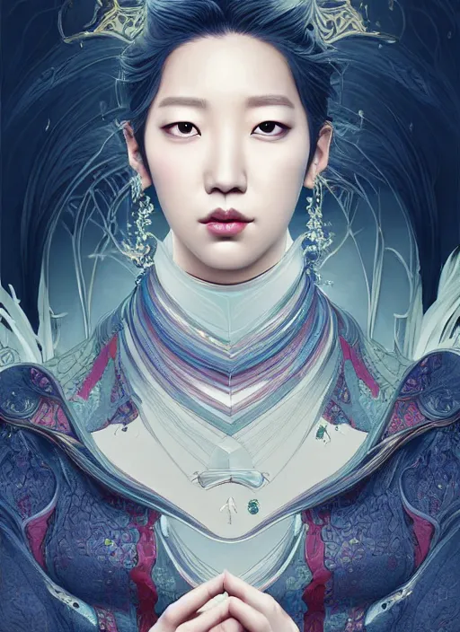 Image similar to Park Shin Hye as a super villain, luxurious, fantasy, intricate, elegant, highly detailed, digital painting, artstation, concept art, matte, sharp focus, illustration, art by WLOP and Hokusai, masterpiece, Refined, upscaled