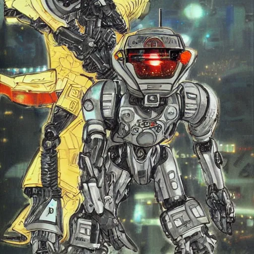 Prompt: a robot soldier and a cyberpunk soldier facing off, by ayami kojima
