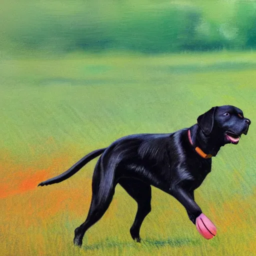 Image similar to black lab chasing a stick through a field of hotdogs, golden hour, very detailed, 4 k