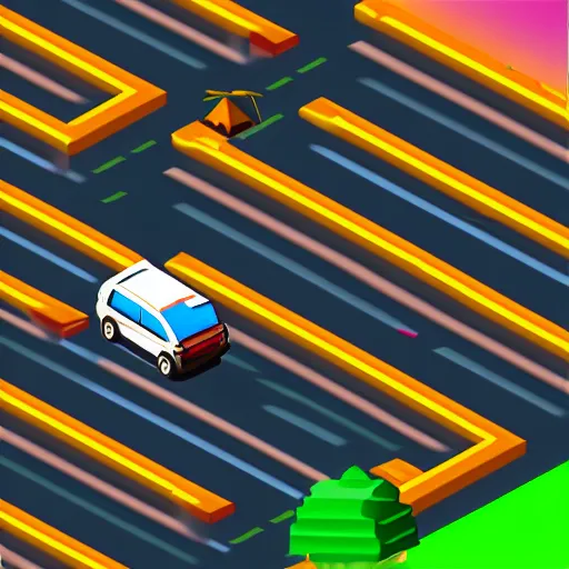 Image similar to isometric top-down driving game, hilly track, jumps, obstacles on the road, isometric, arcade, retro, mame, pixel graphics, tube display filter