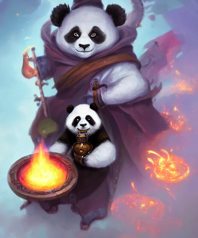 Prompt: a portrait an anthropomorphic panda mage casting a spell, wearing mage robes, landscape in background, cute, dnd character art portrait, world of warcraft style, by peter mohrbacher, cinematic lighting