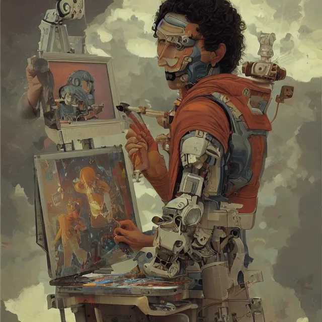 Image similar to robot artist painting a self - portrait on a canvas. intricate, highly detailed, digital matte painting, in the style of alexandros pyromallis, and in the style of sachin teng, and in the style of hans thoma, and in the style of donato giancola. irony, recursion, inspiration.