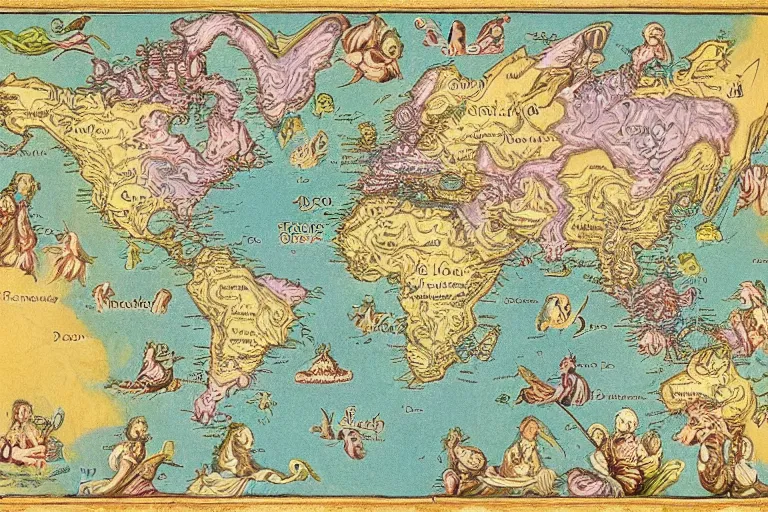 Image similar to A labeled,3d rendered map of a heavenly realm including regional borders, intricately detailed, full color, digitally displayed