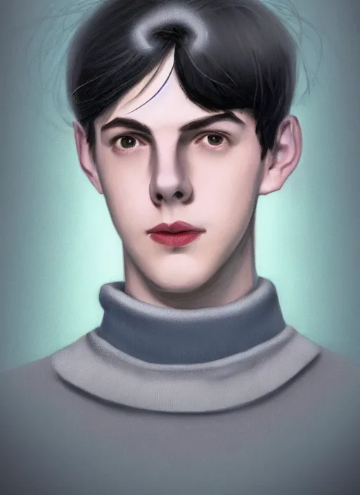 Image similar to portrait of teenage jughead jones wearing a light grey crown, crown, blue turtleneck, 1 9 5 0 s, closed eyes, photorealistic, black hair, glowing lighting, intricate, elegant, glowing lights, highly detailed, digital painting, artstation, concept art, smooth, sharp focus, illustration, art by wlop, mars ravelo and greg rutkowski