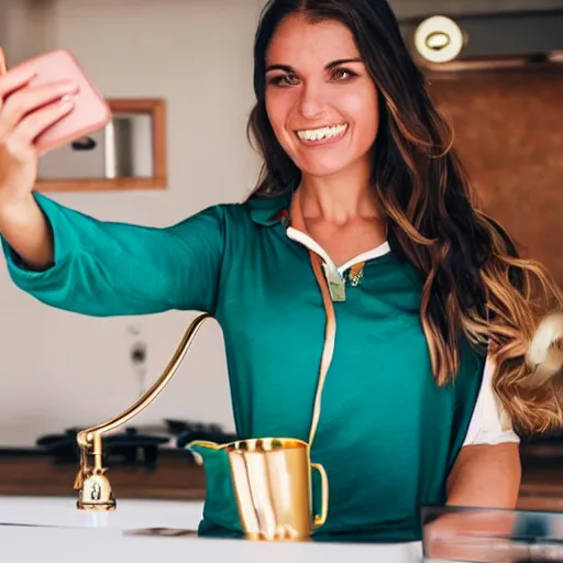 Image similar to a selfie of a brunette female, young, athletic, australian, wearing a gold tshirt in a kitchen