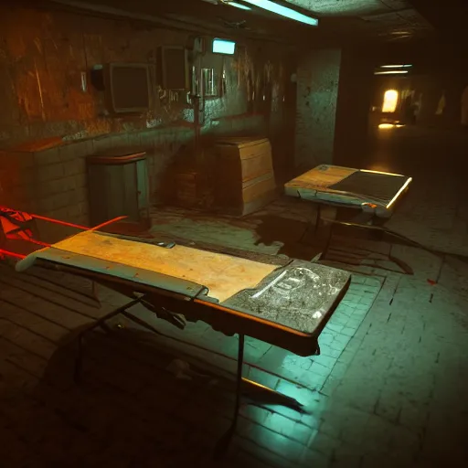 Image similar to ripper doc surgery table. underground. lowlight. diffuse ambience. darkness Cyberpunk 2077. CP2077. 3840 x 2160