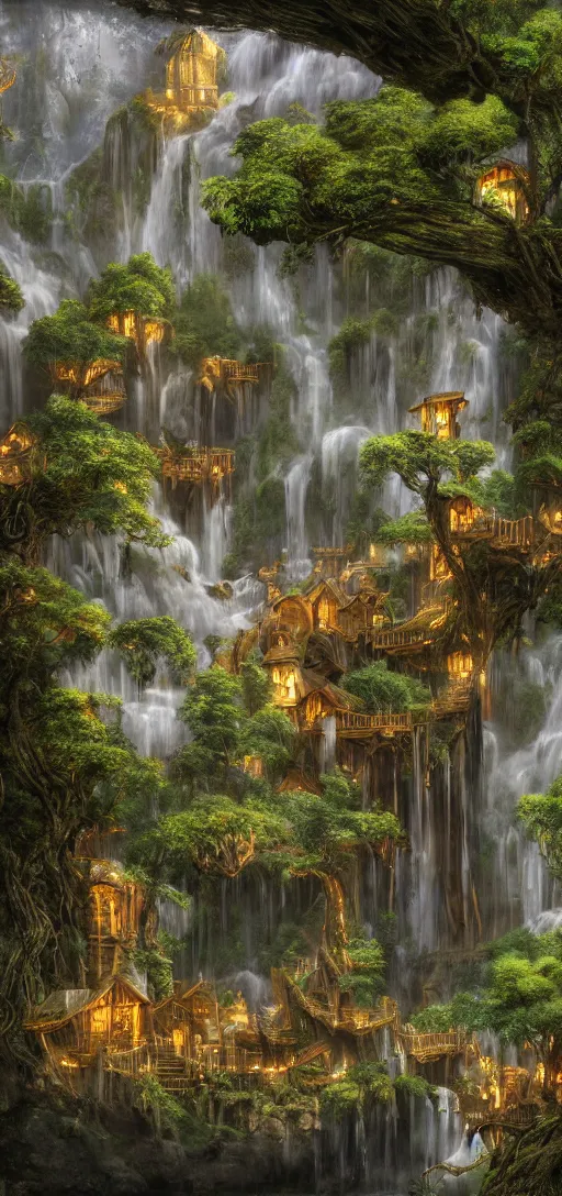 Prompt: wooden elven City with golden roofs, arches and bridges on top of a WATERFALL in the fall, gnarly trees, lush vegetation, forrest, a small stream runs beneath the waterfall, landscape, raphael lacoste, eddie mendoza, alex ross, john howe, concept art, matte painting, highly detailed, rule of thirds, dynamic lighting, cinematic, detailed, denoised, centerd, clean render