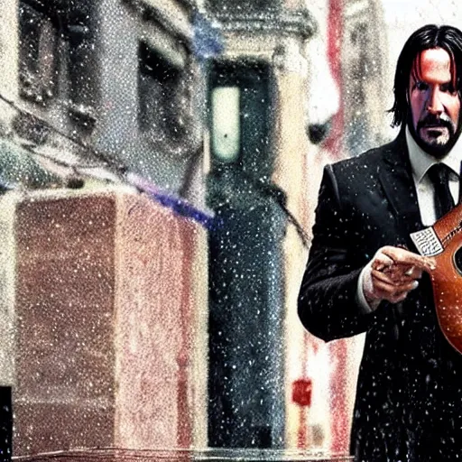 Prompt: john wick playing a guitar!!!, in the rain!!!, photorealistic!!!, realistic, dramatic, cinematic!!!, photography