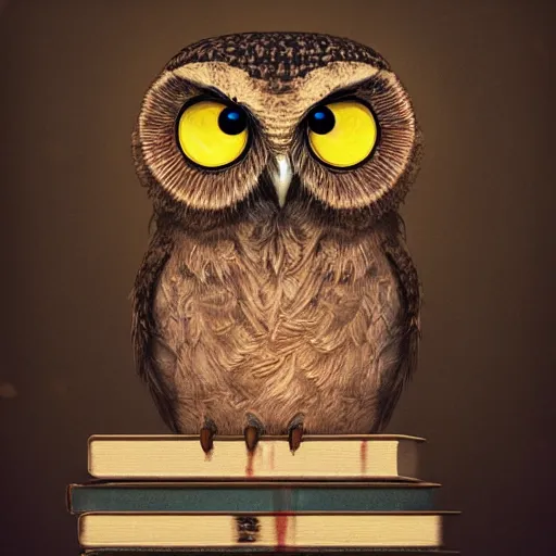 Image similar to long shot of a cute friendly owl sitting on a pile of books, by naoto hatori, by yoshita amano, by esao andrews, fancy illustration hyperrealistic, big depth of field, fresh colors, moody evening light, 3 d octane render conceptart, 4 k, highly detailed, trending on artstation