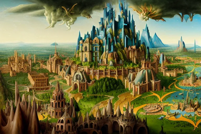 Prompt: a beautiful and insanely detailed matte painting of a magical mythical medieval mega city with surreal architecture and mythical creatures designed by Heironymous Bosch, mega cathedral castles inspired by Heironymous Bosch's Garden of Earthly Delights, painting by Bernardo Bellotto and Jim Burns and Noah Bradley, rich pastel color palette, masterpiece, grand, imaginative, intricate details