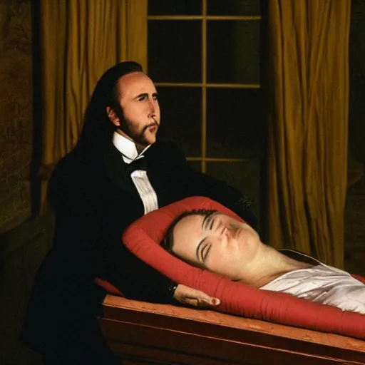 Prompt: Nicolas Cage sleeping in coffin with arms crossed, victorian castle, flash photography