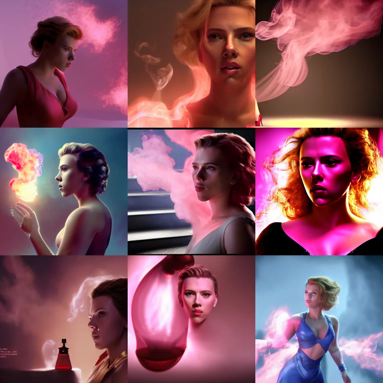 Prompt: happy scarlett johansson coming out of a genie bottle! pink volumetric smoke surrounds her! frank frazetta style, ray traced lighting