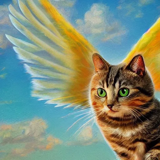 Image similar to a photograph of cute cat with wings flying towards the sunset, highly detailed, photorealistic, impressionism style