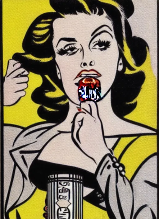 Image similar to a portrait of a woman advertising coke, 1 9 5 0's, punk by roy lichtenstein