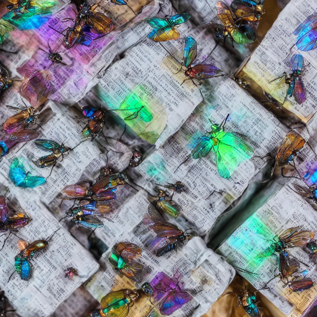 Image similar to a small collection of iridescent insects, inside boxes with newspaper. top down photo, close macro photo. studio photo, 8k