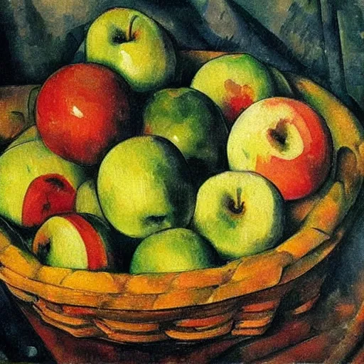 Image similar to a basket of red and green apples on a wooden table, oil painting by paul cezanne