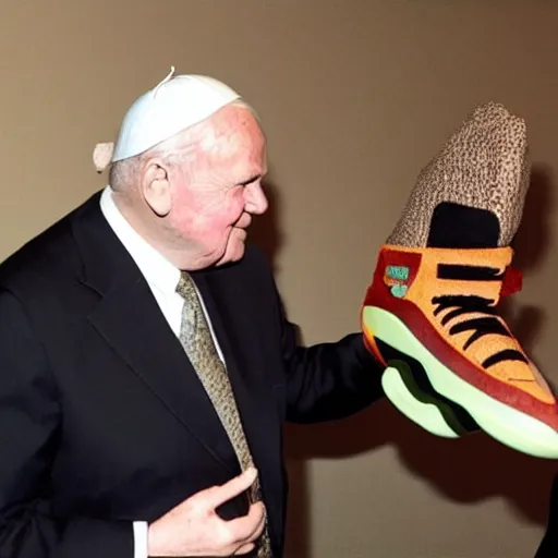 Image similar to john paul ii admiring a yeezy shoe sneaker which he holds in his hands