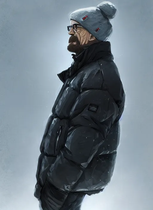 Prompt: walter white wearing a black supreme puffer jacket and a beanie, elegant, digital painting, concept art, smooth, sharp focus, illustration, from starcraft by ruan jia and mandy jurgens and artgerm and william - adolphe bouguerea