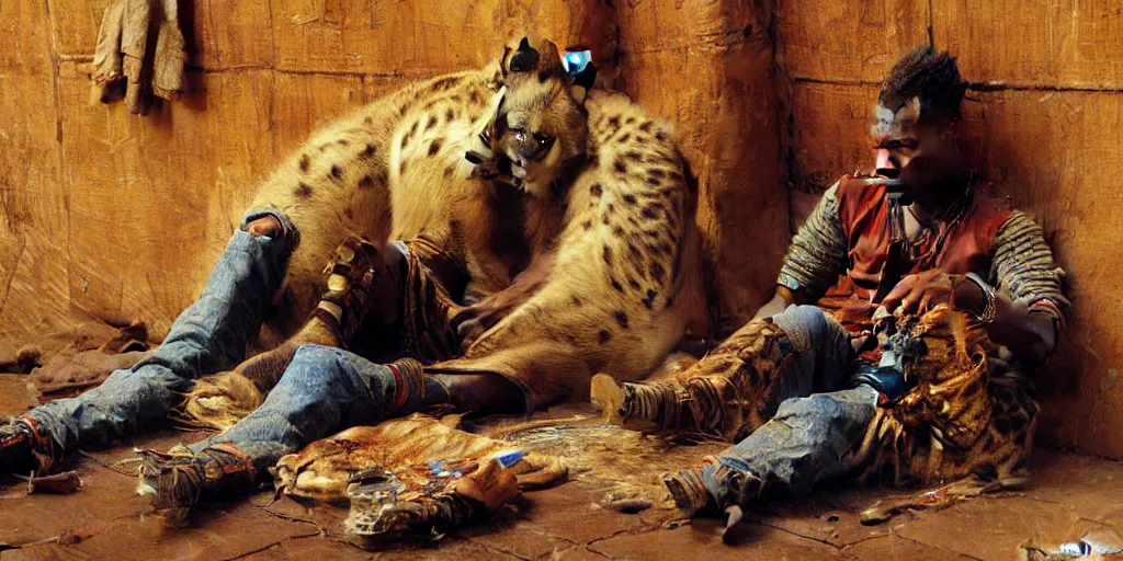 Image similar to a hyenaman wearing tshit and jeans sitting on the floor. highly detailed painting by gaston bussiere, craig mullins, j. c. leyendecker 8 k